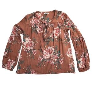 Billabong Blouse Womens Large Brown Floral Long Sleeve Boho Peasant Top Rayon